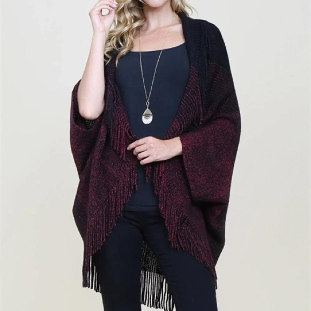 Oversized Fringe Blanket Cardigan burgundy 3 Tone - Picture 1 of 3